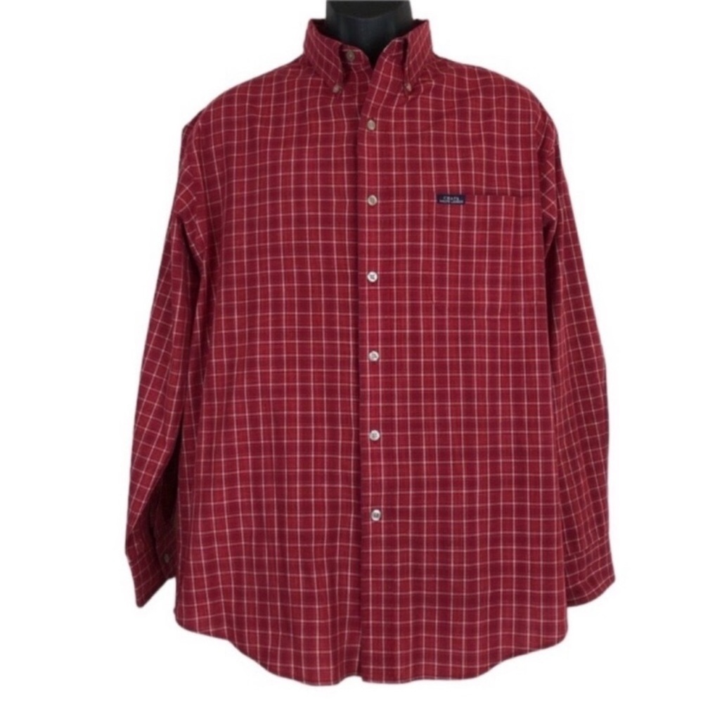 CHAPS Ralph Lauren Polo Men’s Size Large Red Gray & Blue Plaid Easy Care Shirt